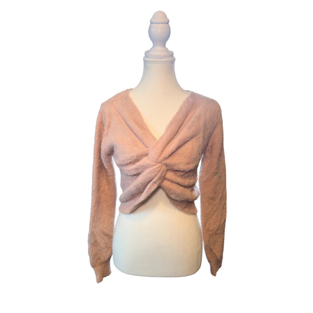 Blush Pink Fuzzy Cropped Sweater Twist Front Soft Girl Cozy Knit S